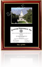 Large diploma frame with Berkeley University campus photo
